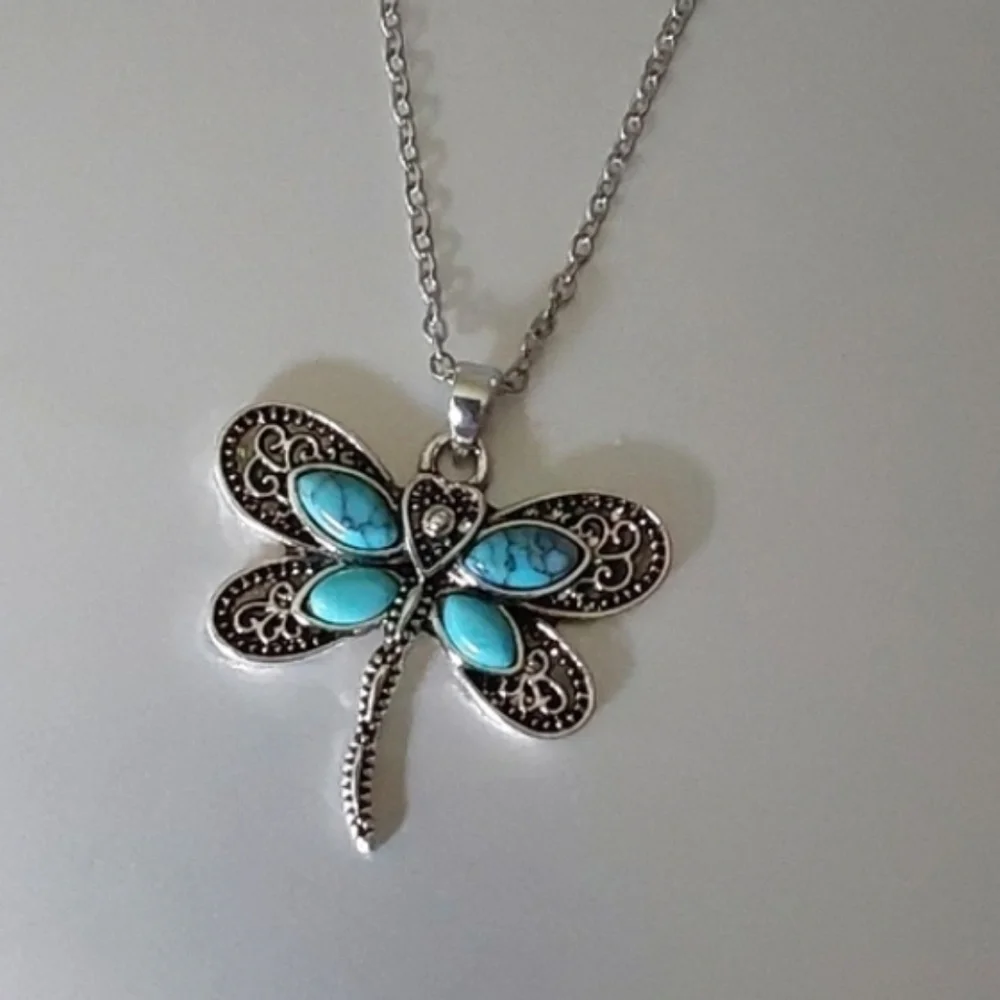Boho Dragonfly Necklace Simulated Gems Turquoise